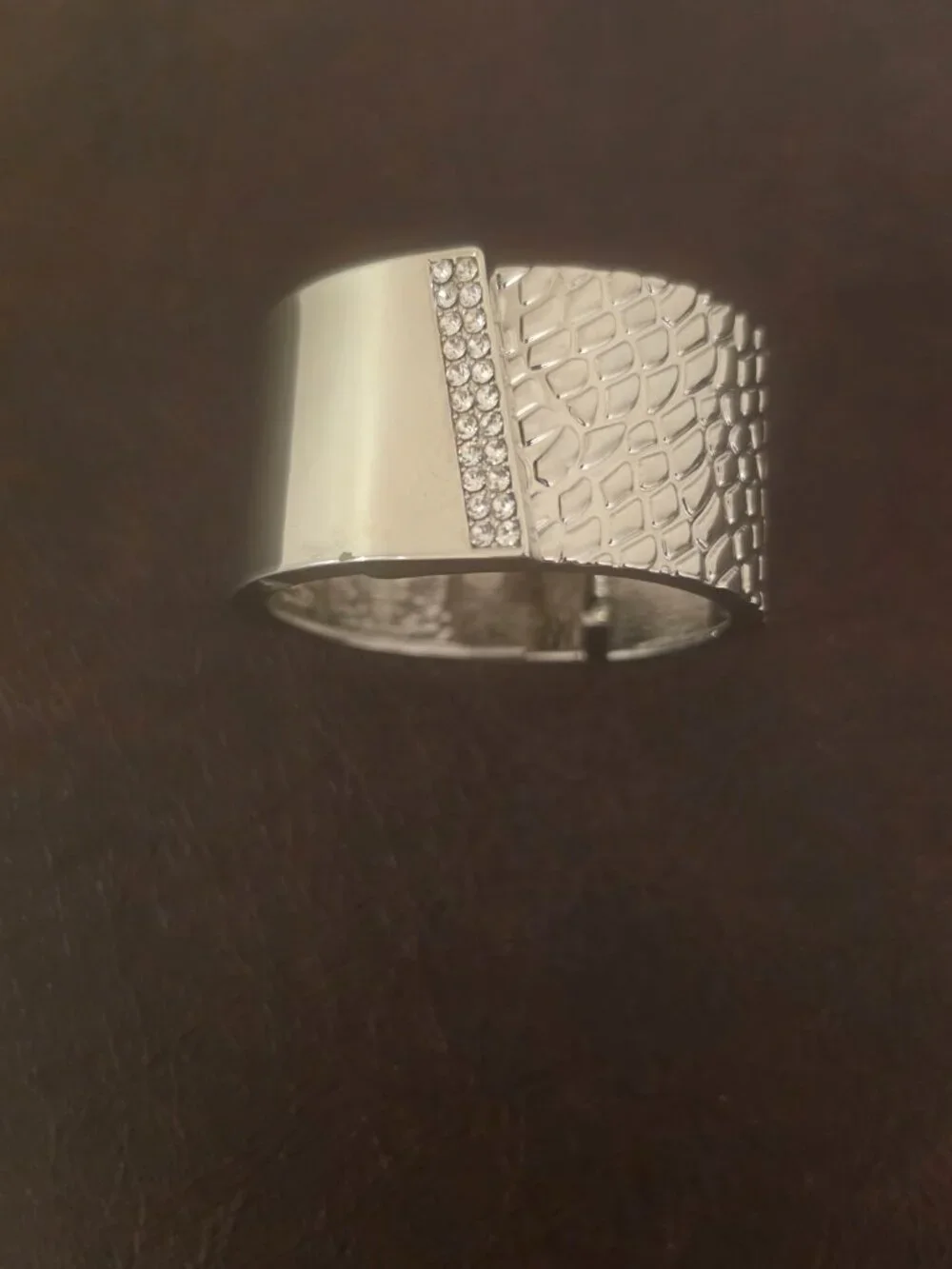 Guess Rose Silver Texture Animal Print Hinge Crystal Cuff Wide Bangle
